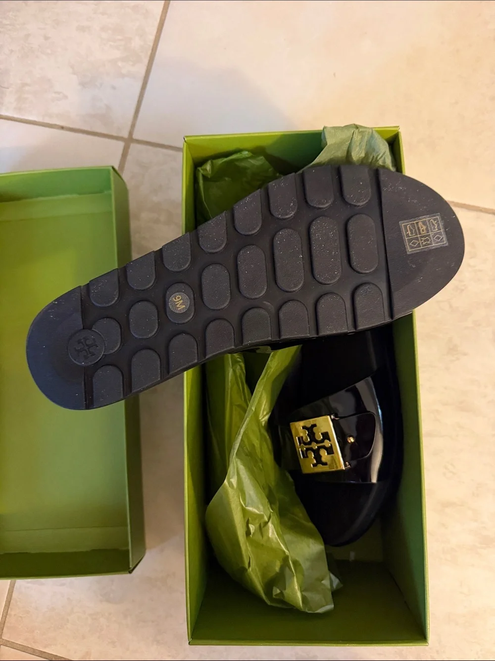 Tory Burch Lime Green Box with Gold Logo  buckle slide
